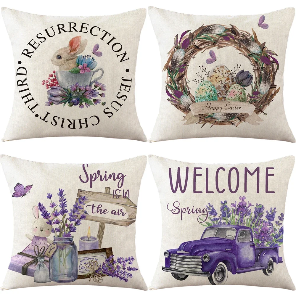 

Весенний пасхальный декор, наволочка для подушки, Пасхальный кролик, фиолетовые цветы, принт, наволочка, домашний декор для дивана, наволочка, пасхальные украшения