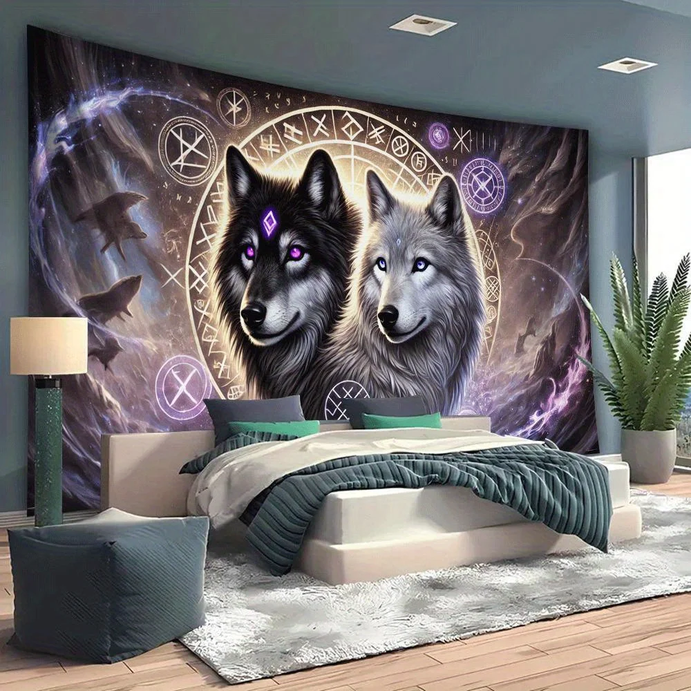

Мистический гобелен с изображением волка, рунами и фоном галактики для декора стен спальни