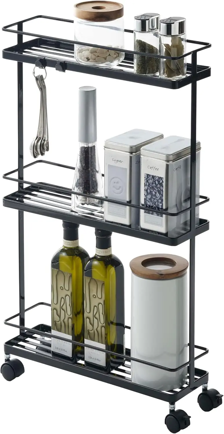 

Home Rolling Kitchen Island Three Tier Metal Storage Cart - Portable Organizer Shelves Utility Cart Steel One Size Bla