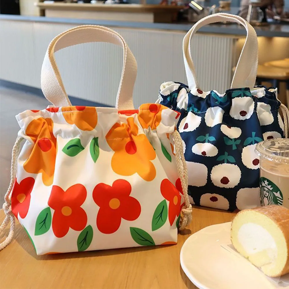 Lunch Bag Cartoon Flowers Canvas Lunch Box Drawstring Picnic Tote Eco Bento Bag Small Handbag Dinner Container Food Storage Bags