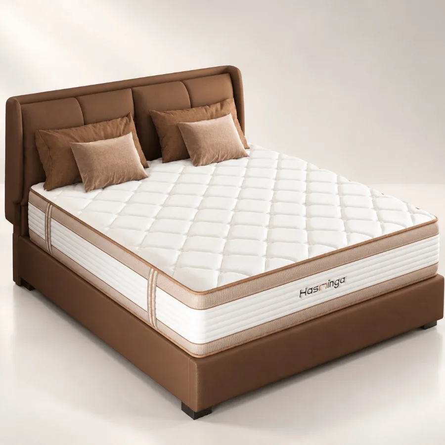 Hybrid mattress for bedroom use, gel memory foam and pocket spring, medium firm, cooling and motion isolation, white, 12/14 inc