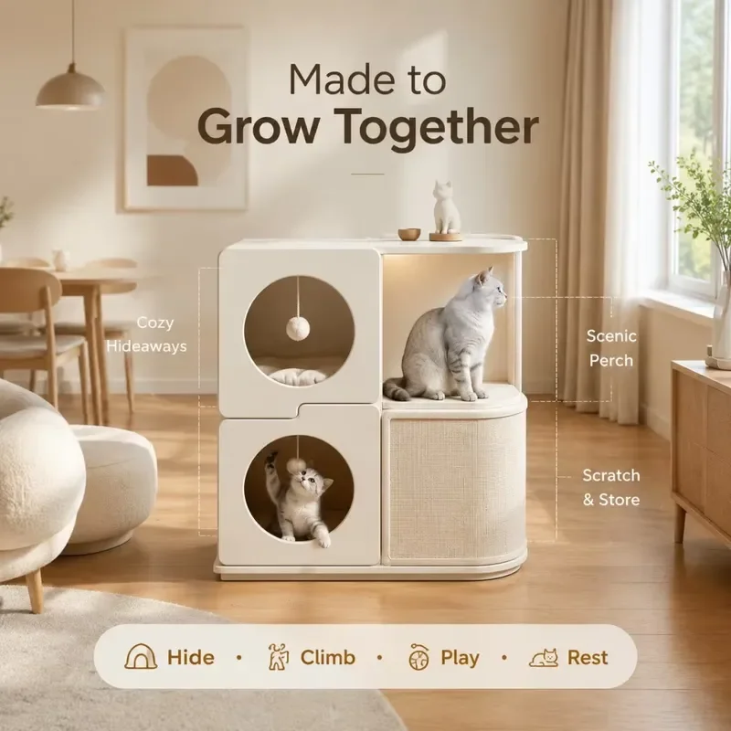 Space Saving Vertical Modular Cat House Side Table All in One Pet Furniture for Multi Cat Household