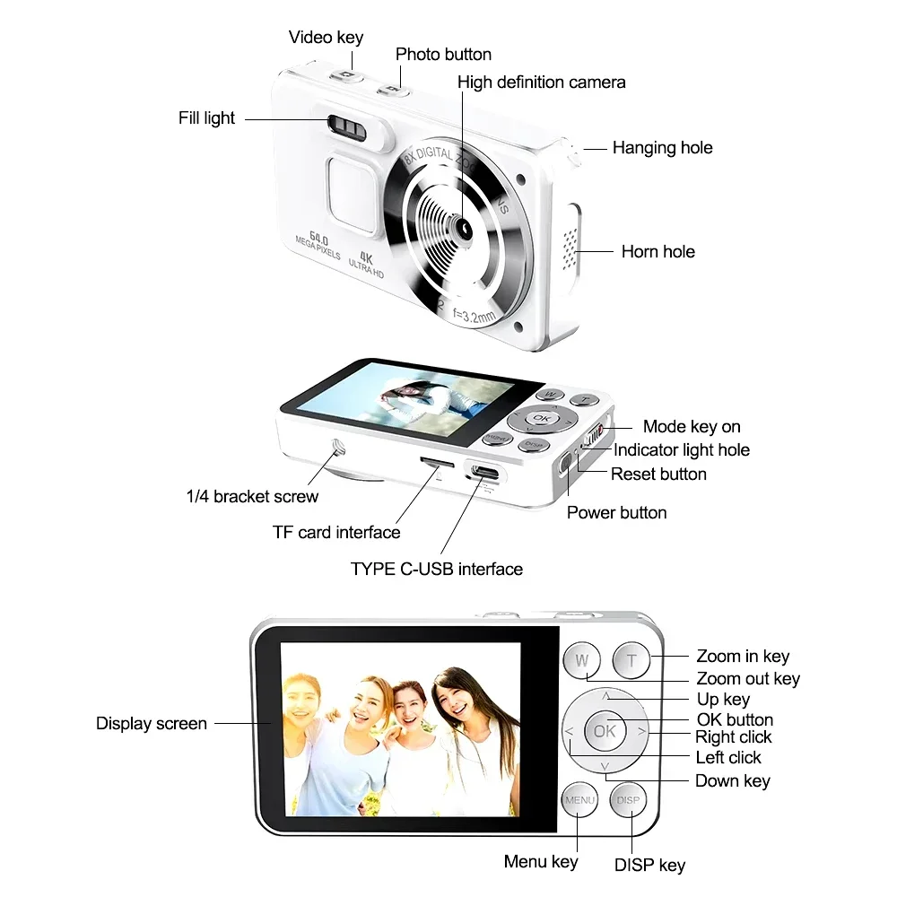 LISM Digital HD Camera A56 4K 30FPS Fill Light Type-C 2000mAh Long Battery Life Multi Filter Camcorder for Children Record