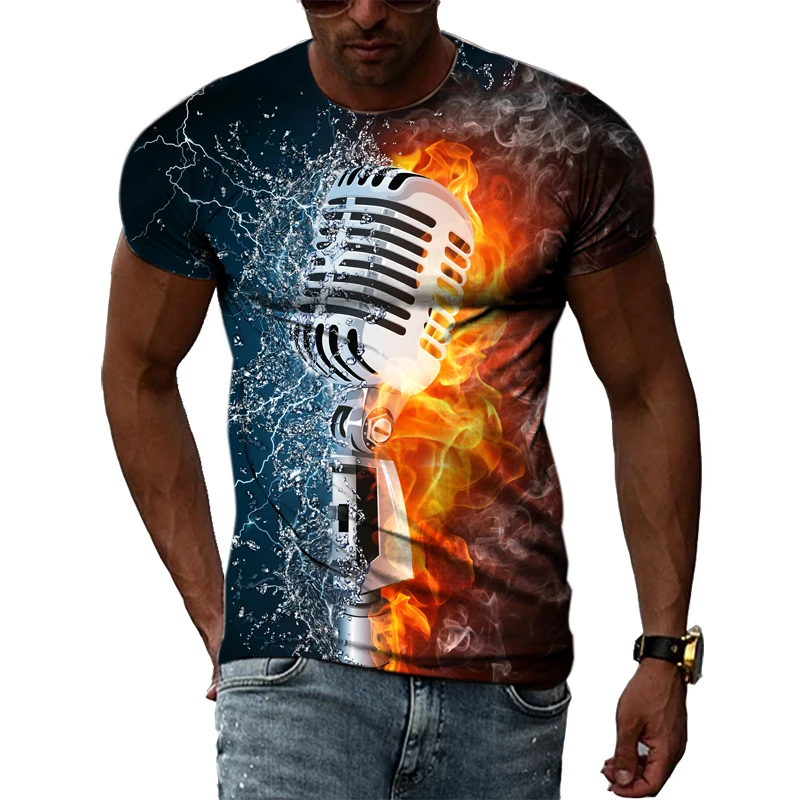 Summer Fashion Music Element Pattern T-shirt Hip-Hop Trend Microphone Printing Tops Casual Novelty Men\'s Short Sleeved Clothing
