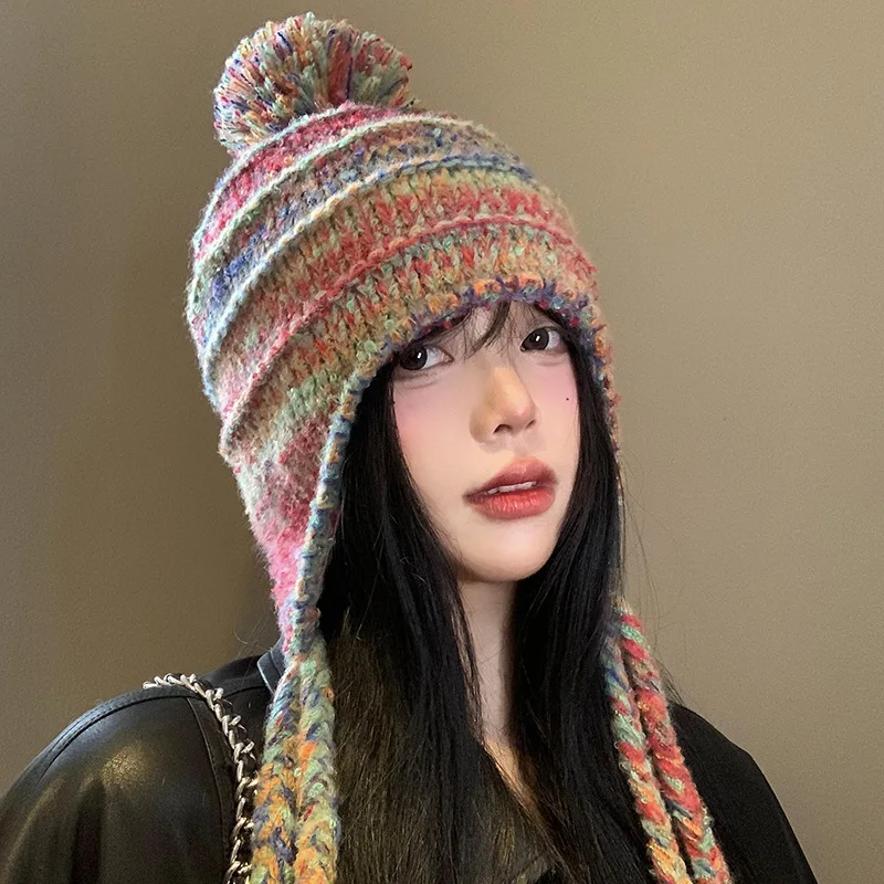 New Japanese Gradual Change Color Tassel Braid Strap Knitted Hat Women's Winter Warm Ear Protection Big Head Skull Beanie Cap