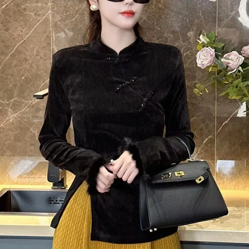 Chinese Style Retro Casual Asymmetric Solid Color Button Stand Collar Long Sleeved Shirt Women\'s Autumn Sweet Chic Split Tops