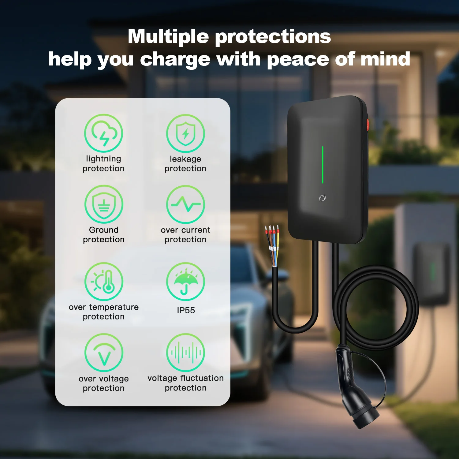 Chiefleed Home AC EV محطة شحن 32A 7.2KW 22KW 16A 11KW Tuya App بطاقات Rfid التحكم للسيارات الكهربائية الهجينة 5M