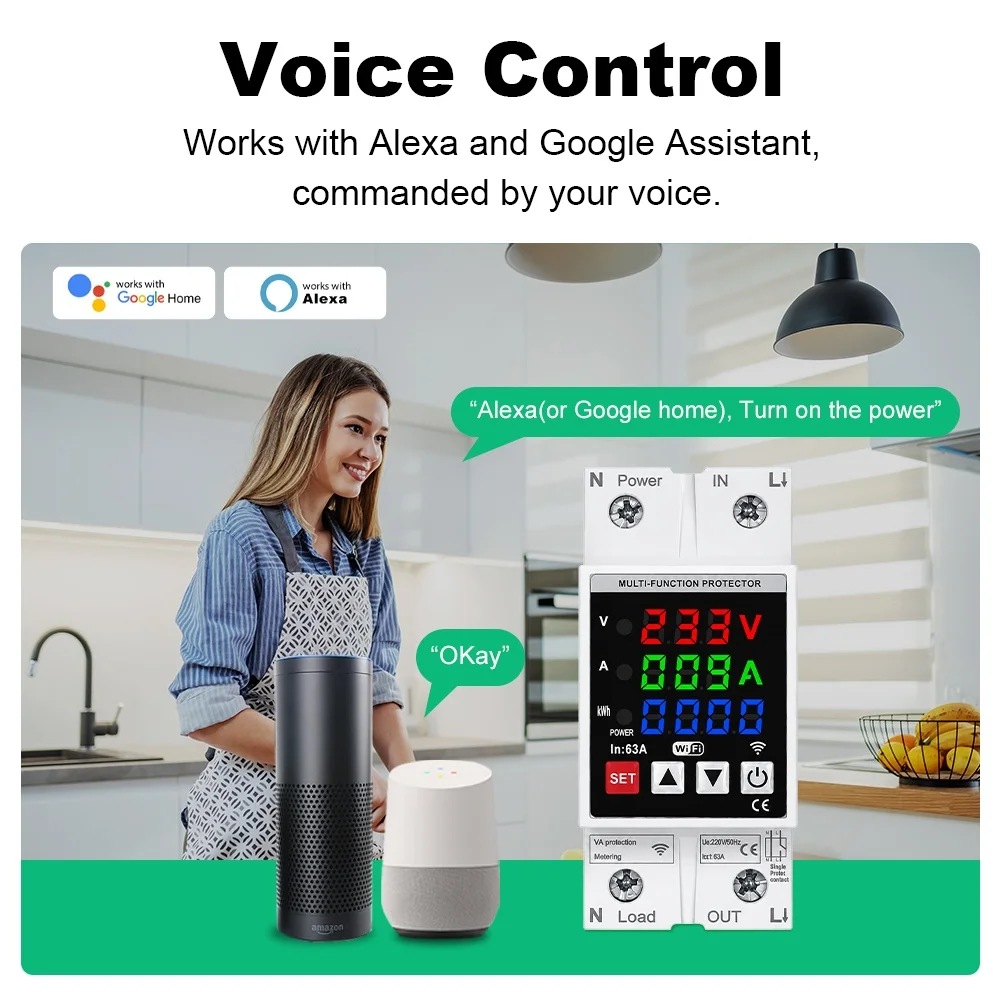 63A WIFI Smart Circuit Breaker Power Metering 3in1 Display DIN Rail Over Voltage And Under Voltage Protector Work With Tuya