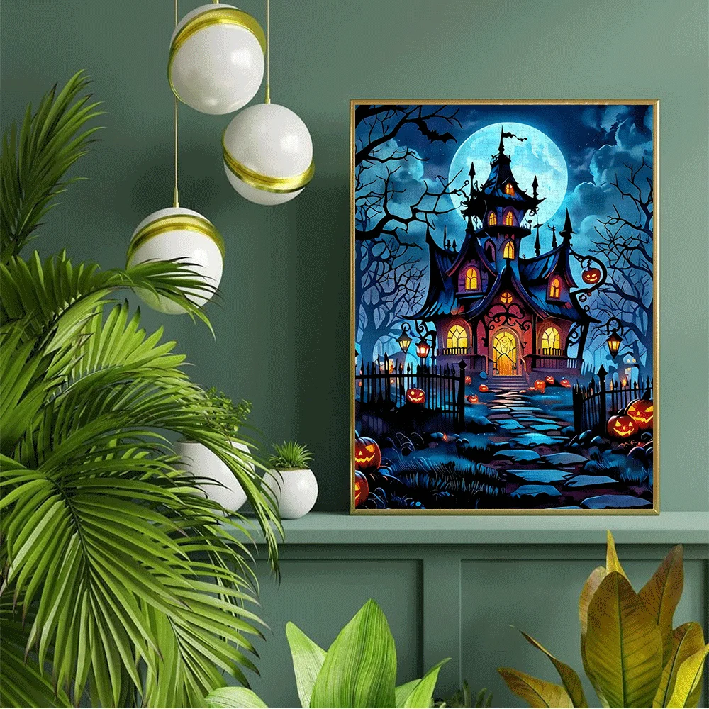 Puzzle na Halloween dla dorosłych - 1000 elementów, straszny dwór z dyniami, nietoperzami i sceną pełnego księżyca - wieczór gier rodzinnych