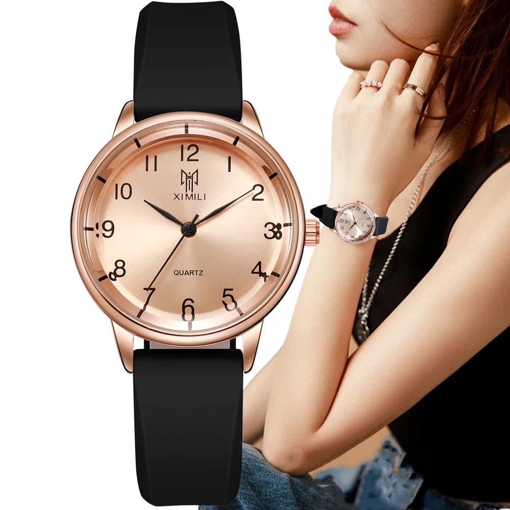 Montre à quartz numérique simple de luxe pour femme, or rose, silicone noir, sport, horloge habillée, cadeau, mode 2024