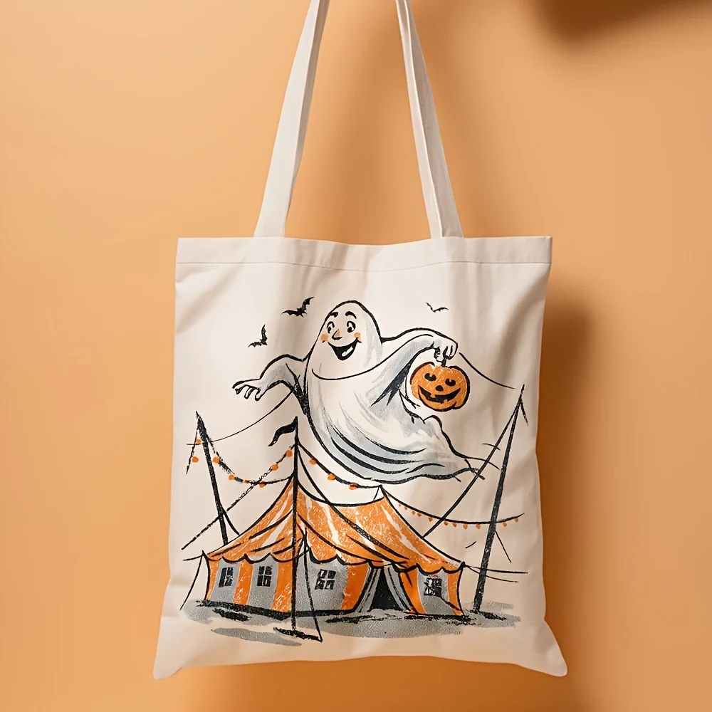 Circus Ghost Pumpkin Tote Bag Vintage Halloween Sketch Print Reusable Shopping Shoulder Bag for Daily Walk Halloween Gifts Bags