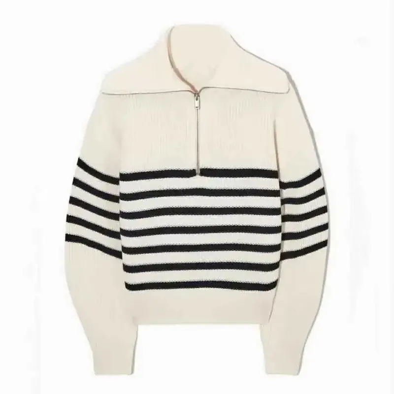 New women's half zipper striped wool blend knit sweater