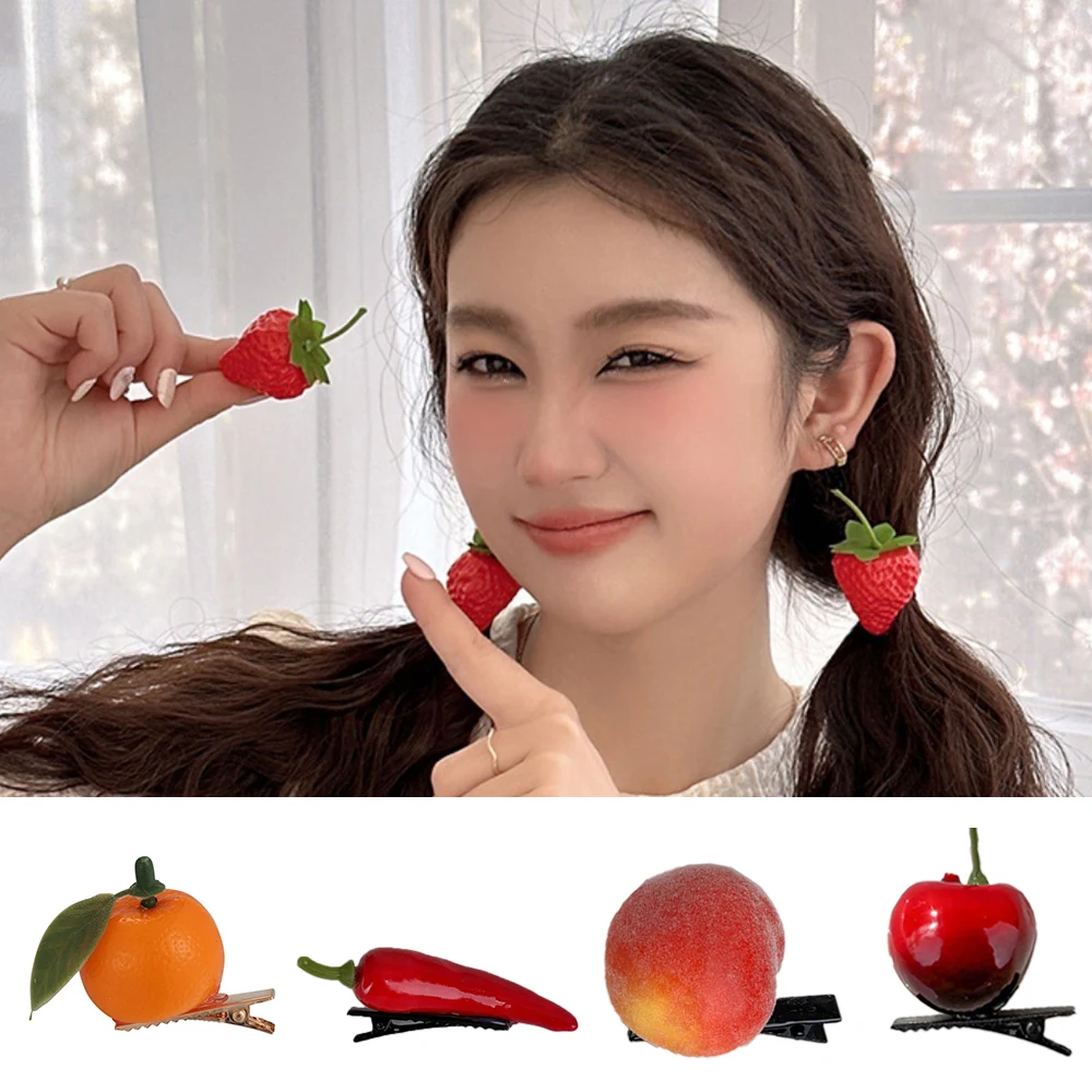 Cute Fruit Hair Clips For Girls Honey Peach Pepper Duckbill Clip Barrettes Strawberry Resin Hairpins Non-Slip Hair Accessories