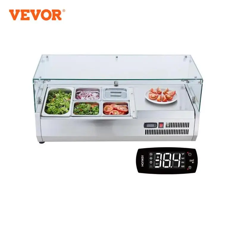 VEVOR Refrigerated Condiment Prep Station 130W with 1 1/3 Pan & 4 1/6 Pans 304 Stainless Body and PC Lid with Glass Guard ETL