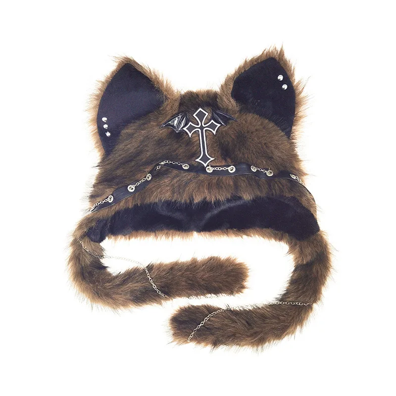 Gothic Plush Wolf Ear Hat Punk Faux Fur Ushanka Metal Chains Cross Detail Beanie Rock Style Warm Hat Girls Dark Aesthetic Y2K view 4
