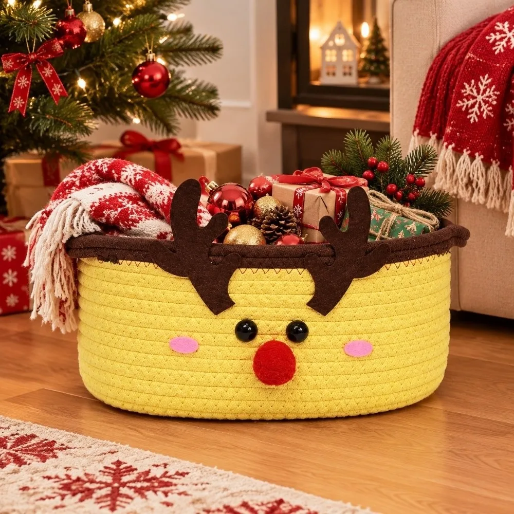 Dual Handles Christmas Woven Basket Braided Texture Eco Friendly Cotton Rope Storage Bin Cartoon Pattern Soft Structure