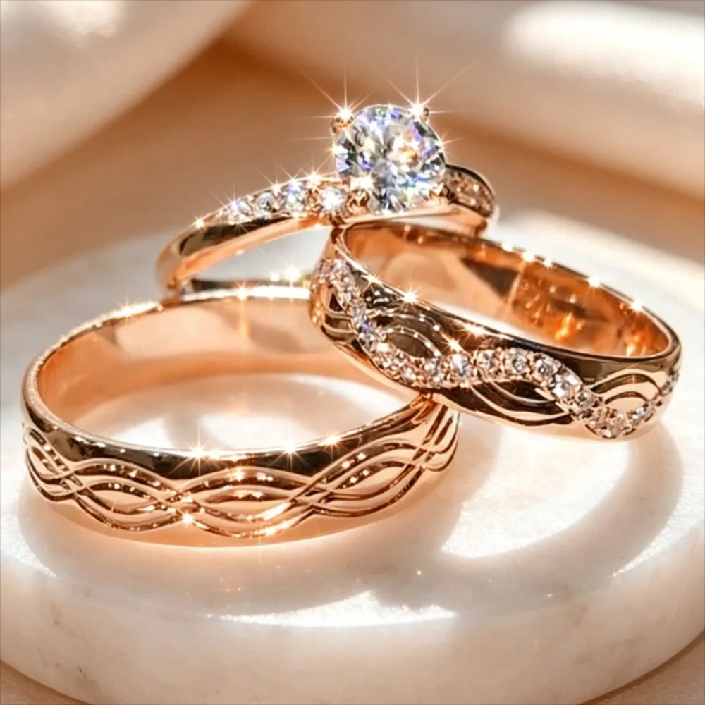 Women 3‑Piece Interwoven Pattern Bridal Ring Set Round‑Cut Synthetic Zircon Rose‑Gold‑Tone Stackable Wedding Engagement Finger Ring Fashion Jewelry