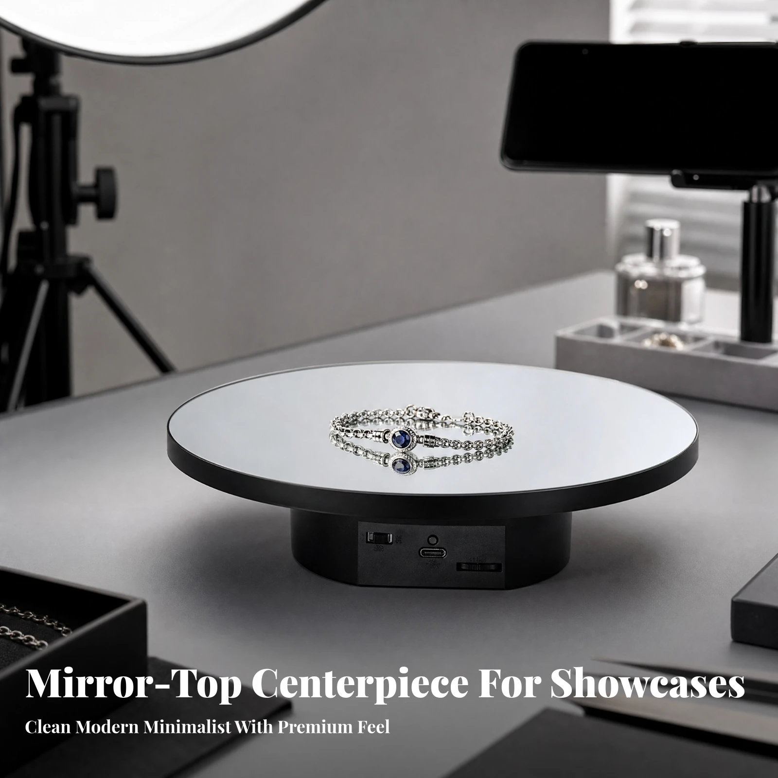 Rotating Stand Adjustable-Speed Rotating Display Turntable with Mirror Top Turntable with Mirror Cover for Photographers