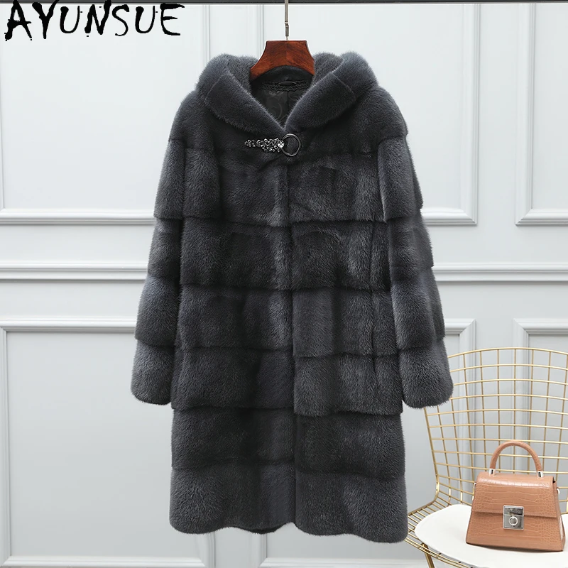 

AYUNSUE Женская шуба из натурального норкового меха 2025, зимняя теплая шуба с капюшоном из натурального меха, женская одежда, пальто высокого качества, женская шуба Женская