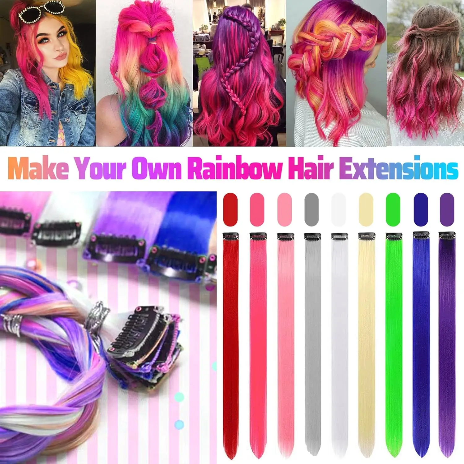 وصلات شعر وردية ساخنة بمشبك، وصلة ملونة للحفلات للأطفال والبنات قطعة شعر صناعية مستقيمة 22 بوصة #2