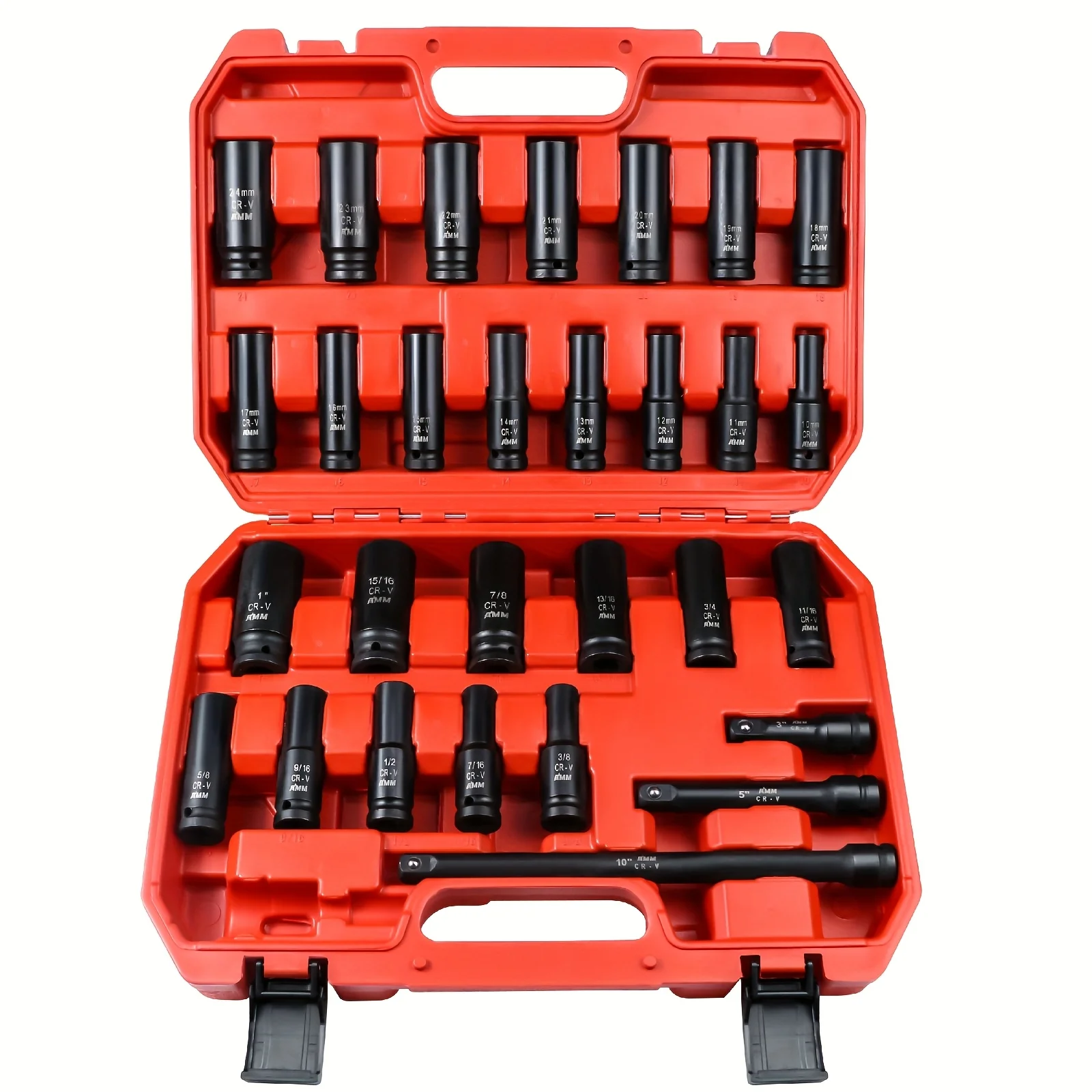 

29pcs 1/2" Drive Impact Socket Set, 1/2" Deep Socket Set with Extension Bar, Cr-V Steel, 6 Point, SAE (3/8"-1" and Metric (10mm-24mm), Tool Sets for Men/Women to DIY and Repair Car, Fine Father's Day Gifts