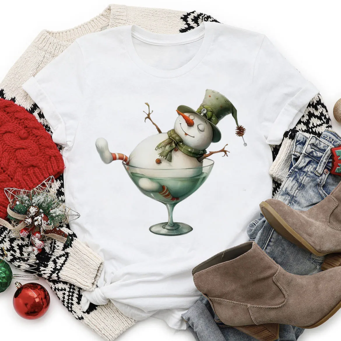 Senhoras árvore de natal padrão impresso branco topo roupas casuais estilo aquarela 90s moda manga curta doce o-pescoço camiseta