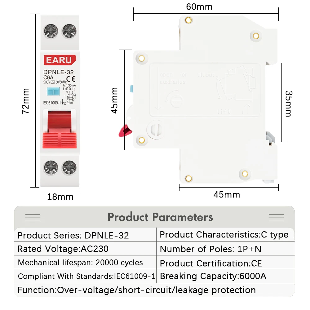 18mm 230V 50/60hz rcbo 1p n 6ka Fehlerstrom differential automatischer Leistungs schalter über Strom leckage schutz