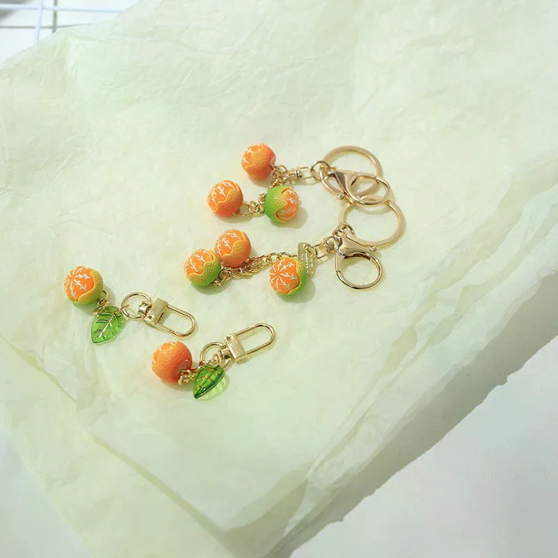 Simulation 3D Orange With Leaf Keychain Pendant Fruit Keyring Bag Charm Key Earphone Phone Pendant Accessories Jewelry Gift Cut