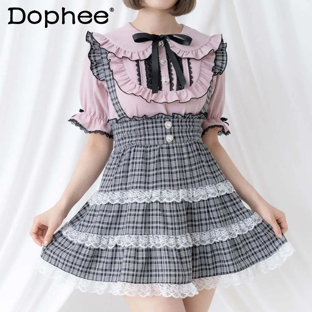 

2023 Summer New Women Plaid Suspender Skirt High Waist Slim Pleated Skirt Student Lace Stringy Selvedge Lolita Short Strap Skirt