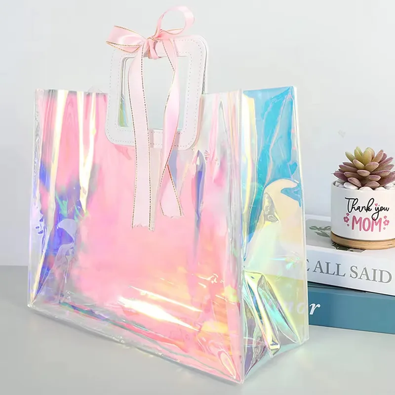 20/50/100pcs Bulk Wholesale Customized Logo Print Tote Bag Waterproof Laser Hologram PVC Handbag Holographic Shopping Bags