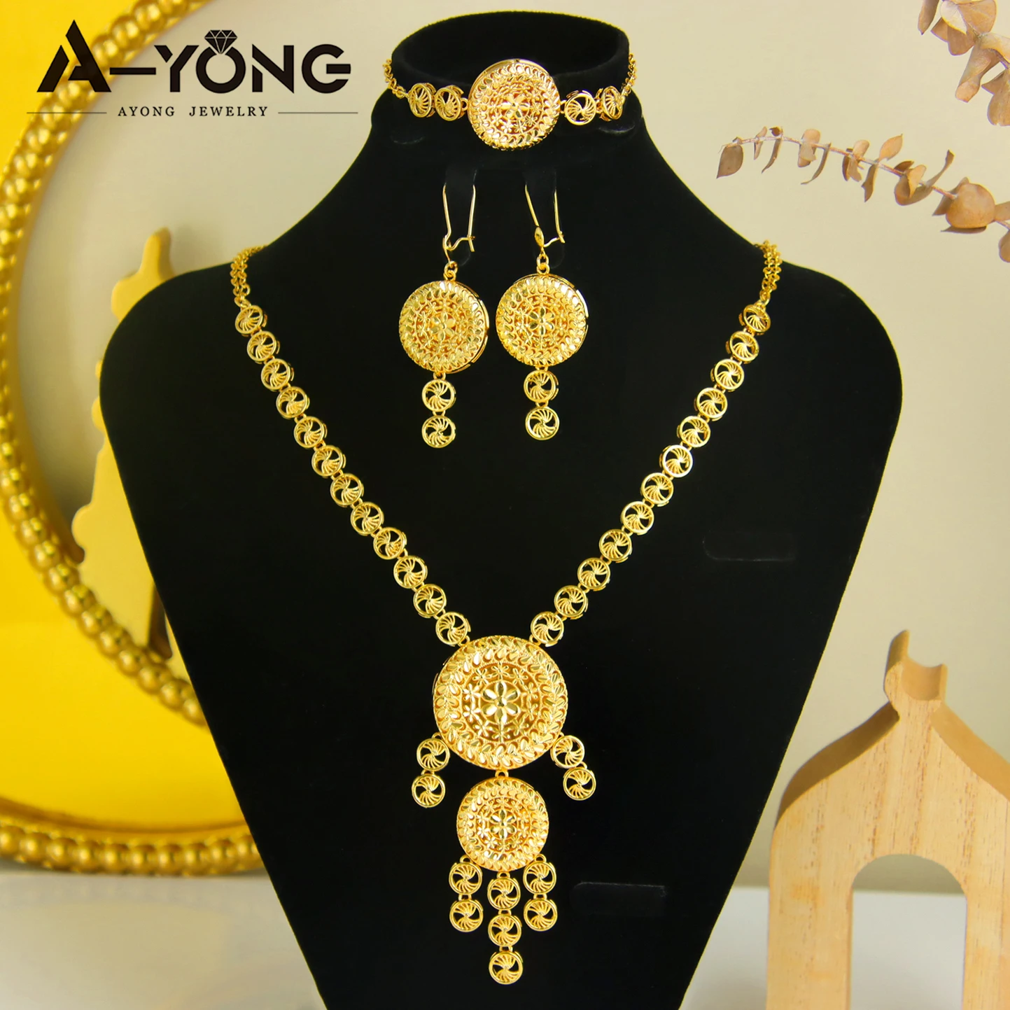 

Роскошный марокканский свадебный комплект ювелирных изделий, 24-каратное позолоченное свадебное ожерелье из Эфиопии, браслет, серьги, южноинские ювелирные изделия