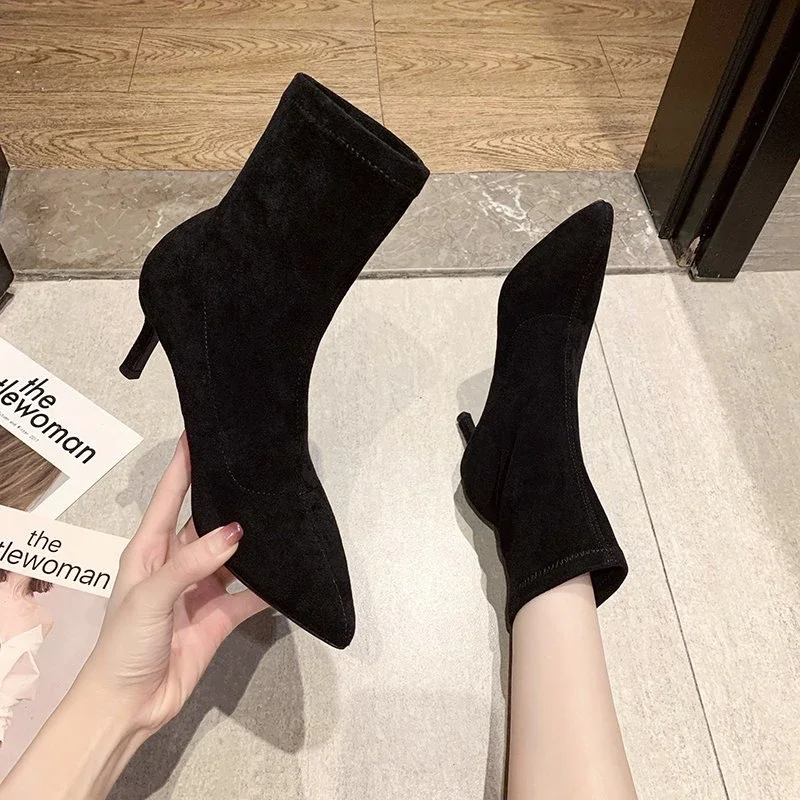 2024 Luxury Women Beige Black Sock Boots Stiletto Thin High Heels Elastic knitting Boots Winter Stretch Fabric Boots Plus Size