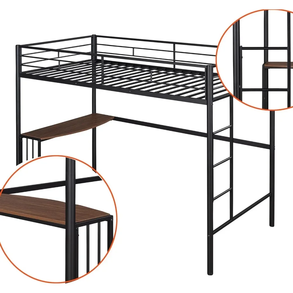 Twin Metal Loft Bed with Desk,Heavy Duty Metal Bunk Bed with Ladder and Guardrails for Kids Teens Adults,Loft Bed for Bedroom