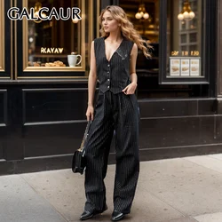 GALCAUR Striped Classic Office Two Piece Set Femaele V Neck Sleeveless Patchwork Buttons Top High Waist Wide Leg Pant Women Suit