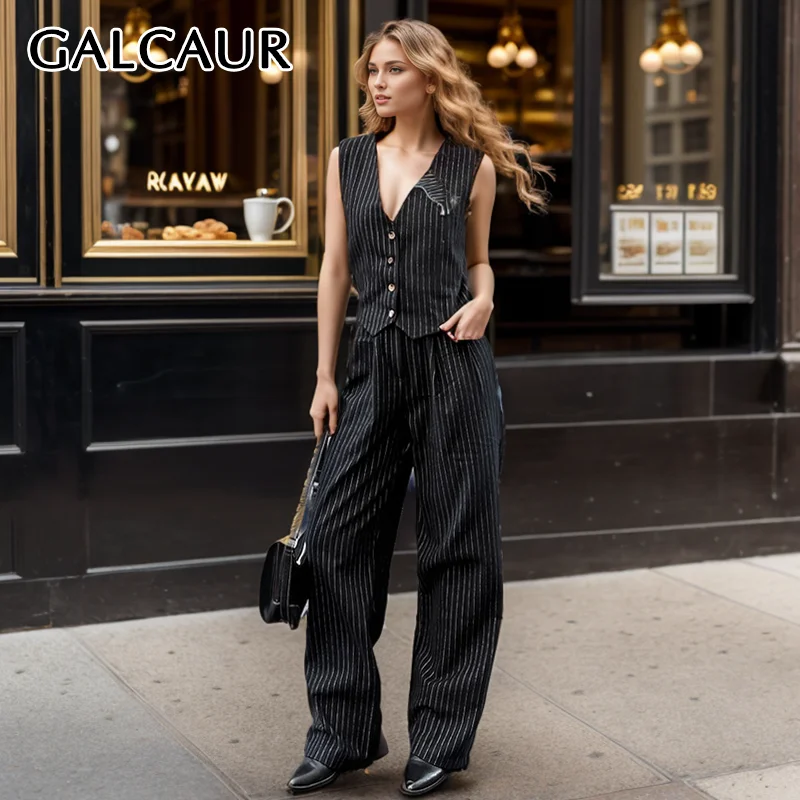 GALCAUR Striped Classic Office Two Piece Set Femaele V Neck Sleeveless Patchwork Buttons Top High Waist Wide Leg Pant Women Suit