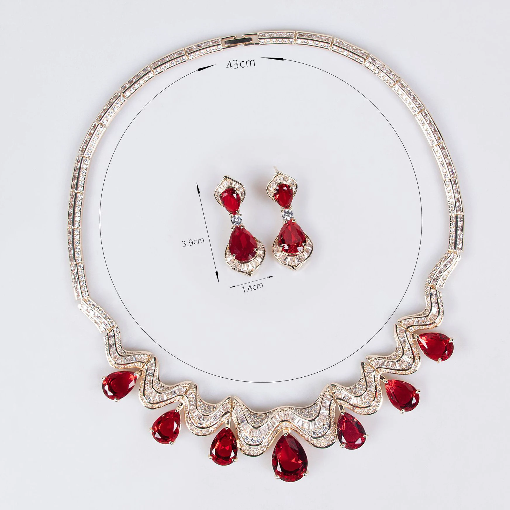 

Deluxe Teardrop Fine Jewellery Red Necklace Earrings Set Women's Dress Bridal Holiday Gift Party Wedding Prom Accessories M-376