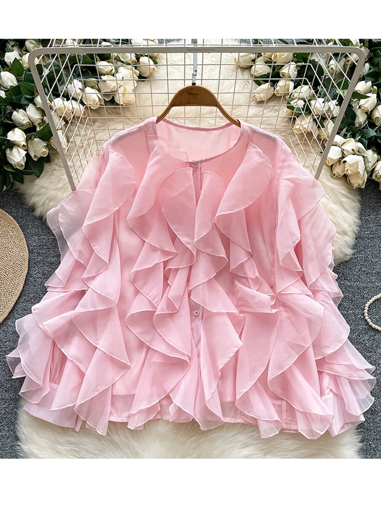 

Французская весенне-осенняя новая нежная милая шикарная блузка с длинными рукавами и оборками, топ, женские модные топы Blusas W69