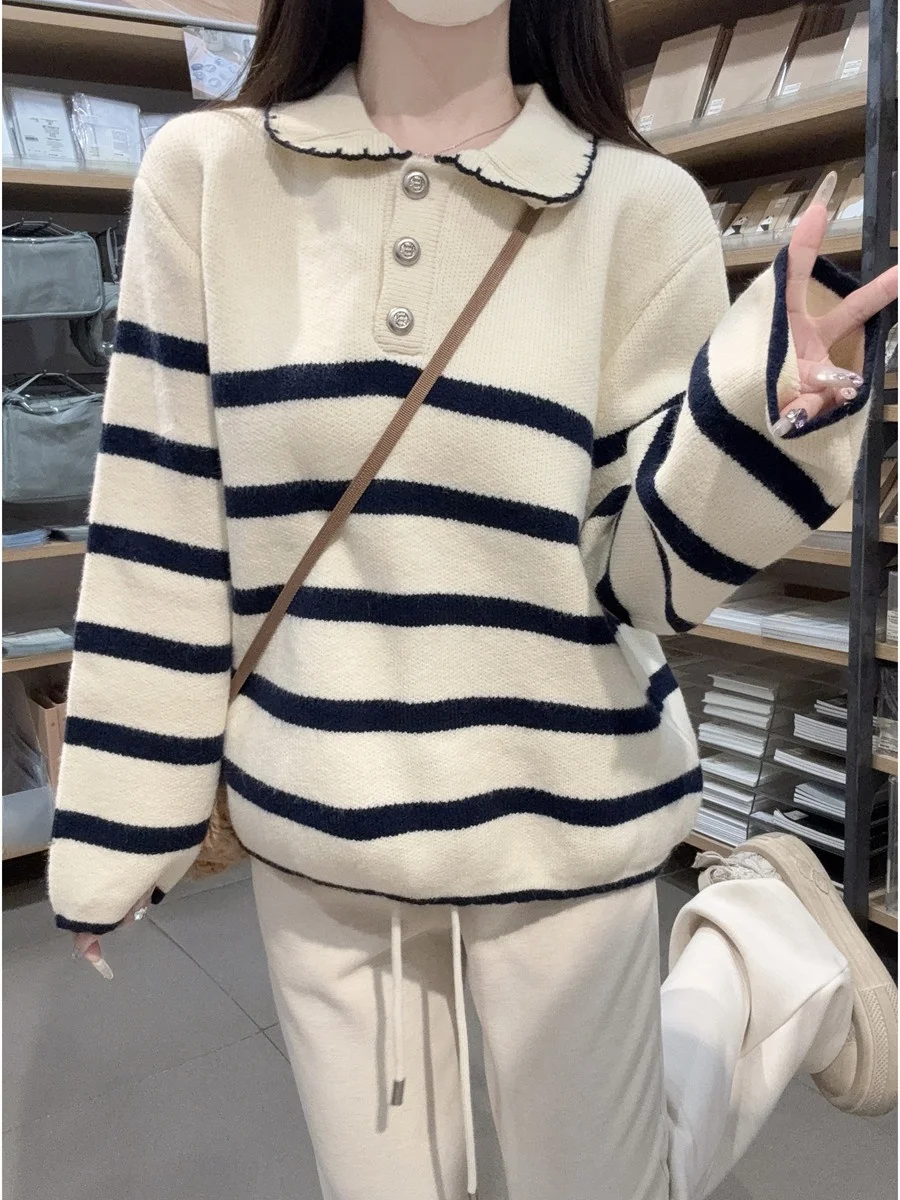 

Свободный вязаный свитер в корейском стиле в полоску, женская базовая кофта с воротником «Питер Пэн», теплая внутренняя футболка с длинным рукавом, осенне-зимняя, приталенная