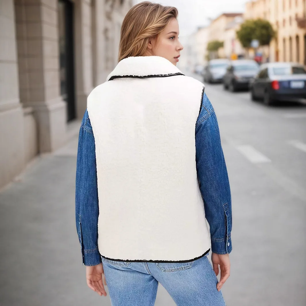 Women's Warm Lamb Fur Vest Jacket In 2025 Autumn Winter New Fashion Black White Spliced ​​lapel Sleeveless Loose Cardigan Top