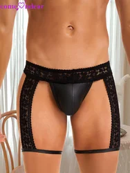 Comeondear Sissy Underwear Black Leather Lace Garter Panties Sexy Men Intimate Lingerie Plus Size Suspenders Thong With Leg Ring