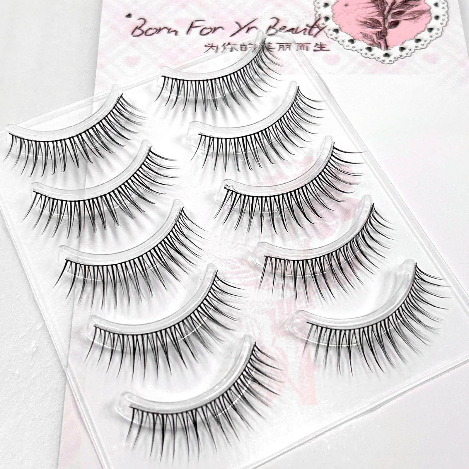 5 pares de cílios postiços estilo coreano, volume natural, faixa preta fina, 7-13mm, comprimento misto, curva c, cílios fofos