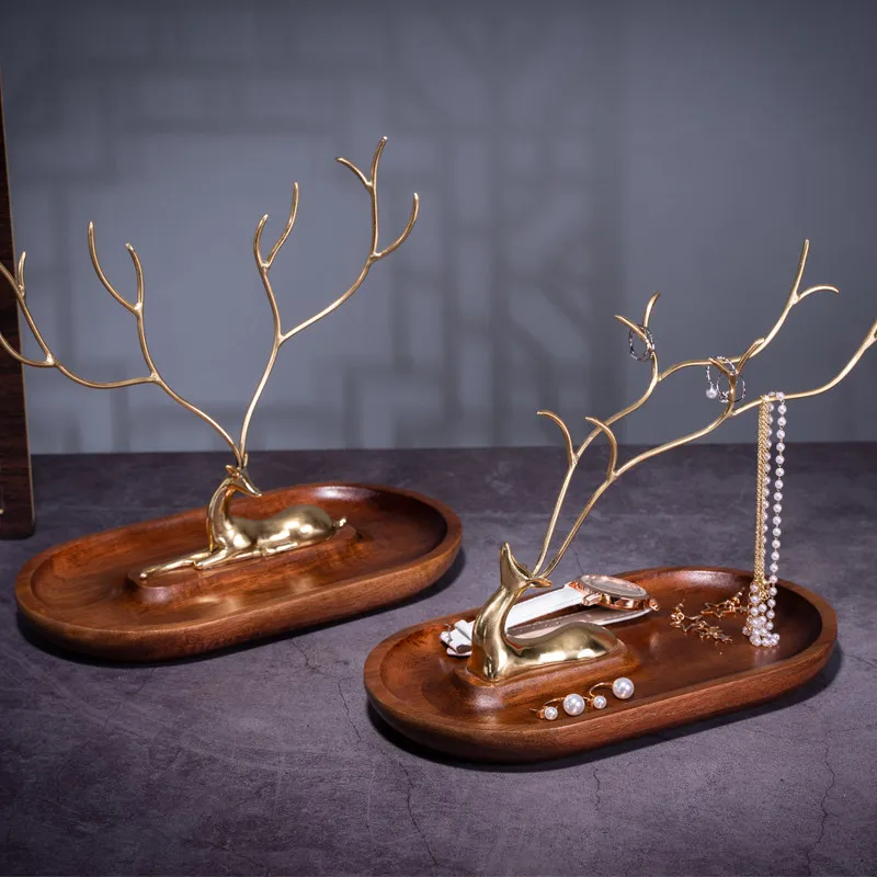 

Chinese Style Solid Wood Jewelry Rack Creative Antler Display Stand Key Storage Tray for Living Room Entrance Hallway Home Decor