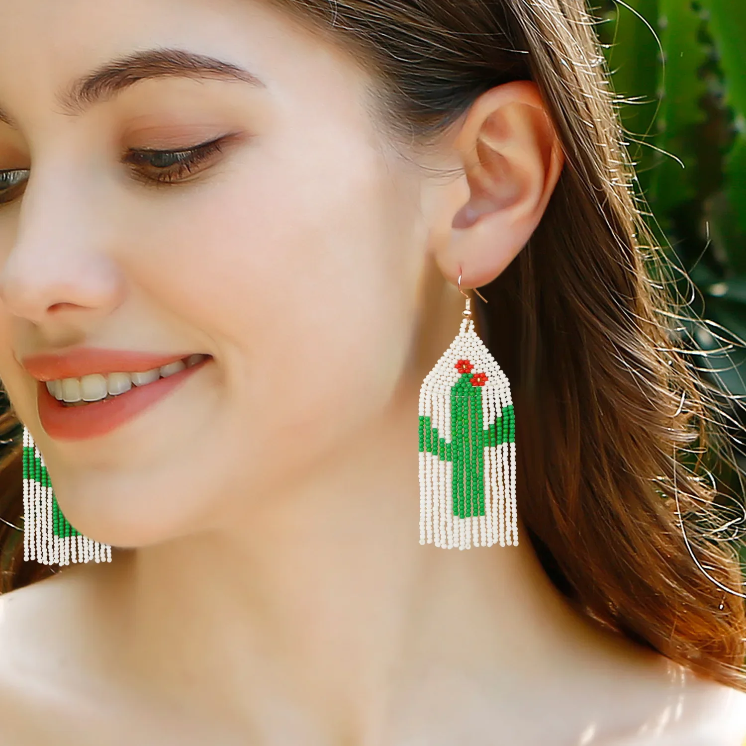 Rice bead earrings Bohemia Hand weaving Pattern Originality Cactus Fashion Simplicity Alloy Beaded earrings