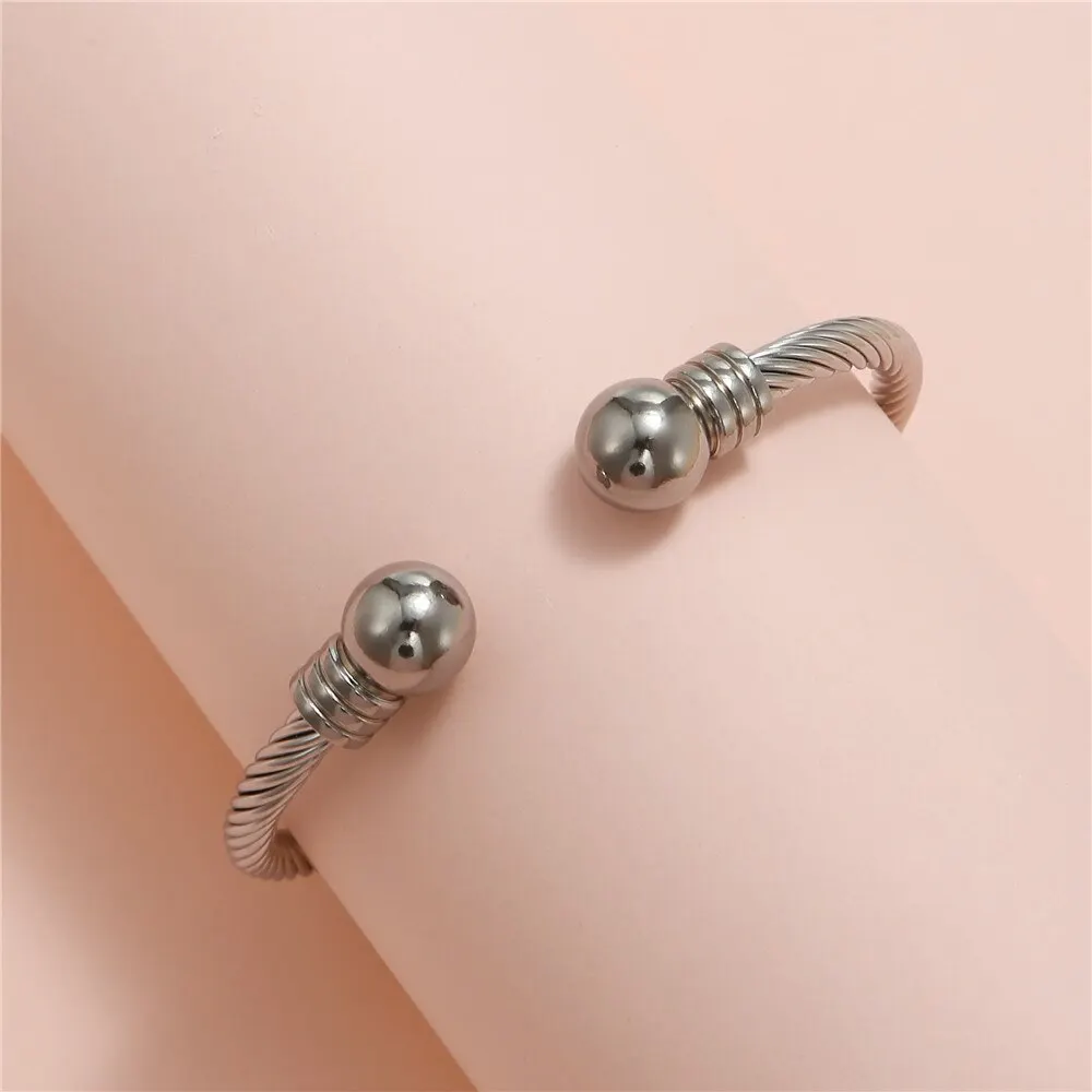 Titanium Steel Charm Ball Open Cuff Bangle For Women No Fade Color Wire Rope Bracelet Fashion Female Wrist Ornament Jewelry Gift