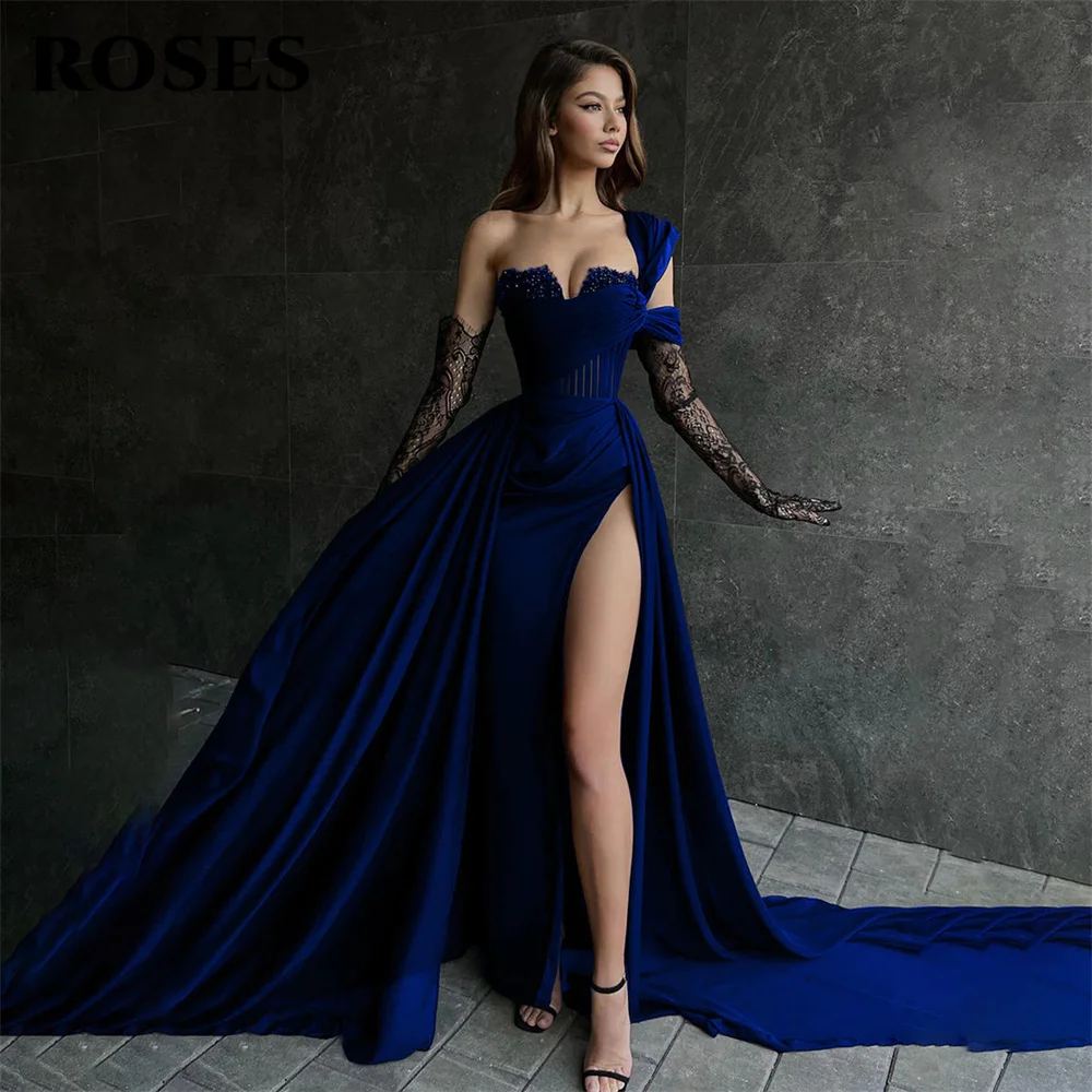 ROSES Red Side High Split Mermaid Evening Dresses One Shoulder Prom Dresses Sweetheart Stain Formal Occasion Dress Customized