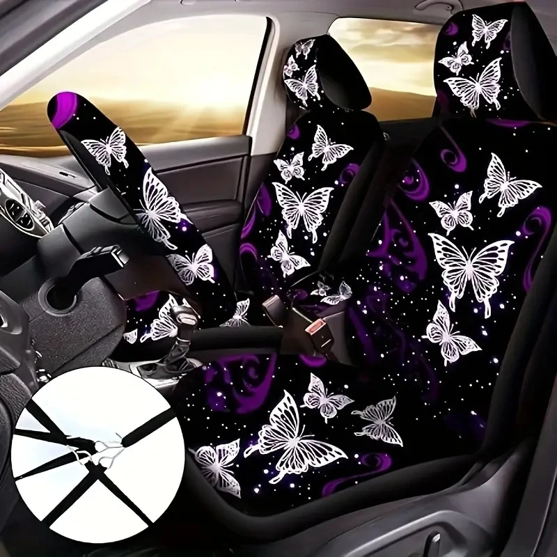 25-piece Purple Butterfly theme Ladies Car Interior Set - breathable seat cover, comfortable steering grip and floor mat - durab