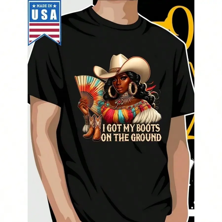 

Футболка унисекс I Got My Boots On The Ground Western Cowgirl — 100% хлопок, 220 г/м2, свободная посадка, черная повседневная рубашка