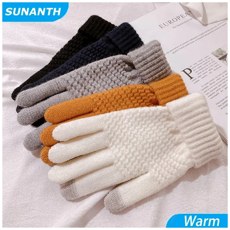 Stretch Knit Mittens Windproof Warm Winter Gloves for Women Men Wool Full Finger Guantes Female Crochet Glove