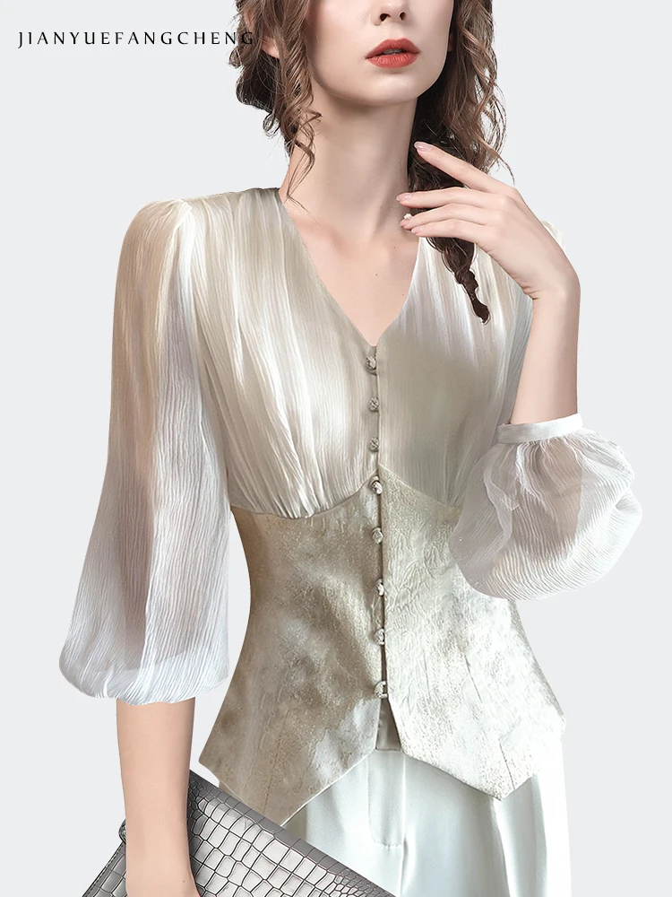 Vintage Court Style Women Chiffon Jacquard Shirt Lantern Sleeve V-Neck 2022 Spring Summer Tops Elegant Slimming-Fit Fashion Chic