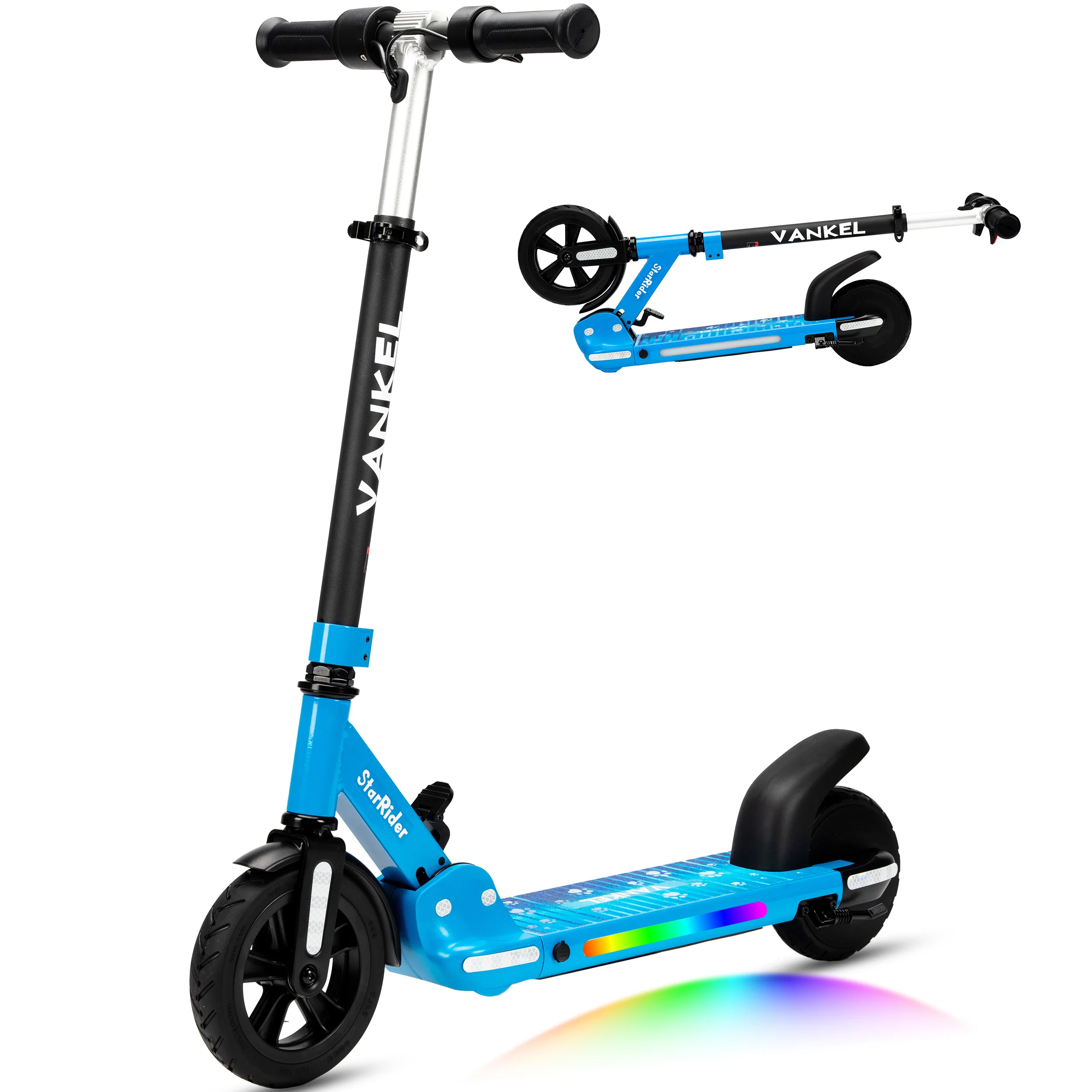Image of Elektroroller für Kinder, faltbarer 150-W-Roller für Kinder ab 6 Jahren, Geschwindigkeit 14 km/h, Reichweite 14 km, 4 höhenverstellbare Stufen, blaue LED-Beleuchtung, Doppelbremse, 6-Zoll-Reifen, max.